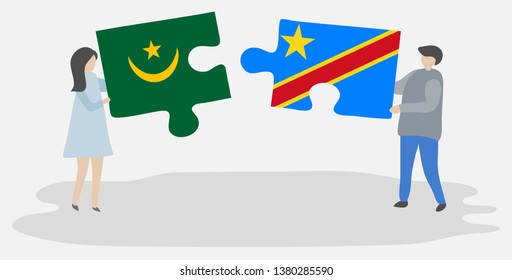 Couple holding two puzzles pieces with Mauritanian and Congolese flags. Mauritania and Democratic Republic of the Congo national symbols together.