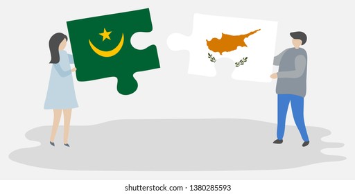 Couple holding two puzzles pieces with Mauritanian and Cypriot flags. Mauritania and Cyprus national symbols together.