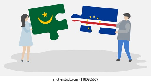 Couple holding two puzzles pieces with Mauritanian and Cabo Verdean flags. Mauritania and Cape Verde national symbols together.