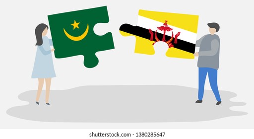 Couple holding two puzzles pieces with Mauritanian and Bruneian flags. Mauritania and Brunei national symbols together.