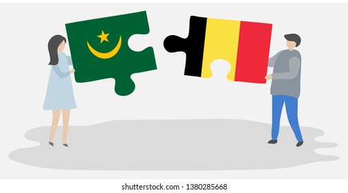 Couple holding two puzzles pieces with Mauritanian and Belgian flags. Mauritania and Belgium national symbols together.