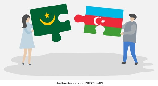 Couple holding two puzzles pieces with Mauritanian and Azerbaijani flags. Mauritania and Azerbaijan national symbols together.