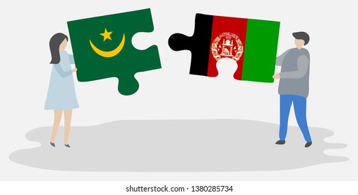 Couple holding two puzzles pieces with Mauritanian and Afghan flags. Mauritania and Afghanistan national symbols together.