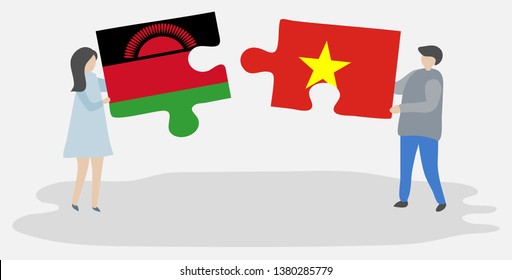 Couple holding two puzzles pieces with Malawian and Vietnamese flags. Malawi and Vietnam national symbols together.