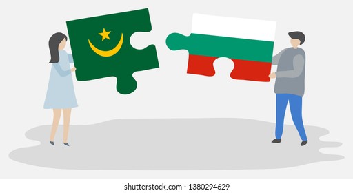 Couple holding two puzzles pieces with Mauritanian and Bulgarian flags. Mauritania and Bulgaria national symbols together.