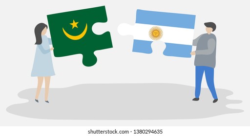 Couple holding two puzzles pieces with Mauritanian and Argentine flags. Mauritania and Argentina national symbols together.