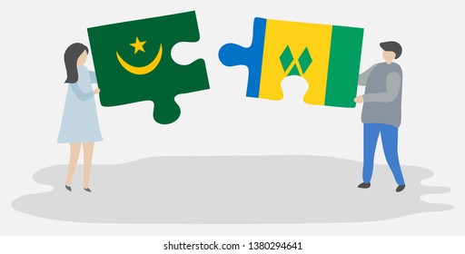 Couple holding two puzzles pieces with Mauritanian and Vincentian flags. Mauritania and Saint Vincent and the Grenadines national symbols together.