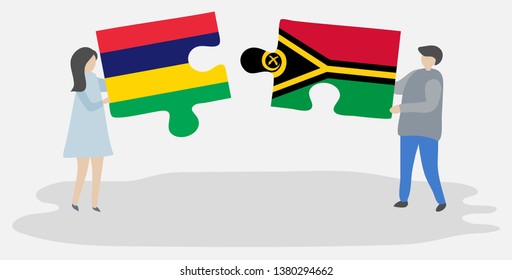 Couple holding two puzzles pieces with Mauritian and Vanuatuan flags. Mauritius and Vanuatu national symbols together.
