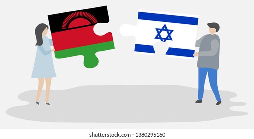 Couple holding two puzzles pieces with Malawian and Israeli flags. Malawi and Israel national symbols together.