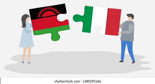 Couple holding two puzzles pieces with Malawian and Italian flags. Malawi and Italy national symbols together.