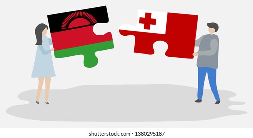 Couple holding two puzzles pieces with Malawian and Tongan flags. Malawi and Tonga national symbols together.