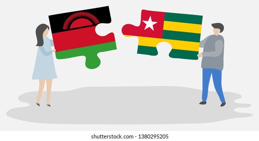 Couple holding two puzzles pieces with Malawian and Togolese flags. Malawi and Togo national symbols together.