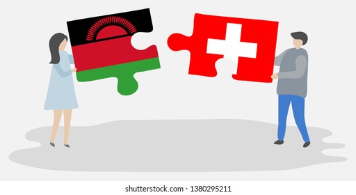 Couple holding two puzzles pieces with Malawian and Swiss flags. Malawi and Switzerland national symbols together.