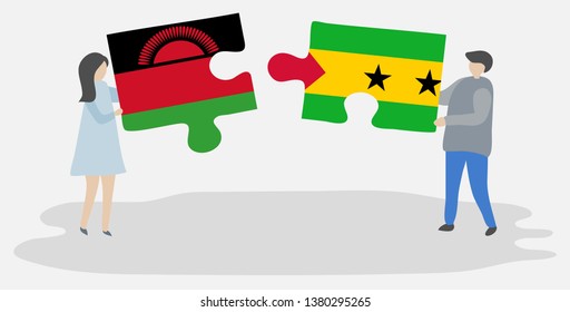 Couple holding two puzzles pieces with Malawian and Sao Tomean flags. Malawi and Sao Tome and Principe national symbols together.