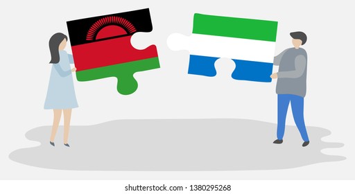 Couple holding two puzzles pieces with Malawian and Sierra Leonean flags. Malawi and Sierra Leone national symbols together.