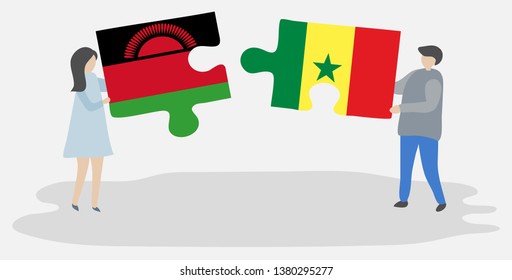 Couple holding two puzzles pieces with Malawian and Senegalese flags. Malawi and Senegal national symbols together.