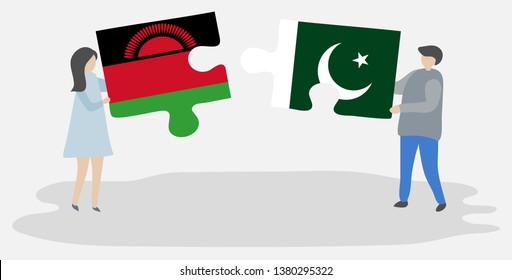 Couple holding two puzzles pieces with Malawian and Pakistani flags. Malawi and Pakistan national symbols together.