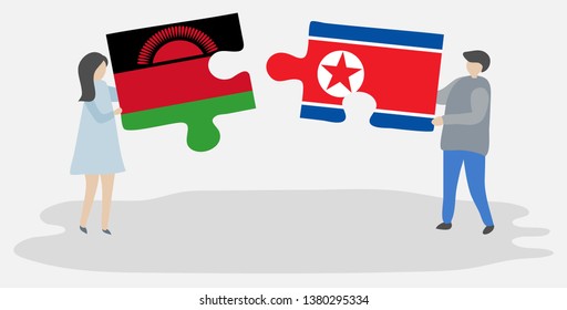 Couple holding two puzzles pieces with Malawian and North Korean flags. Malawi and North Korea national symbols together.