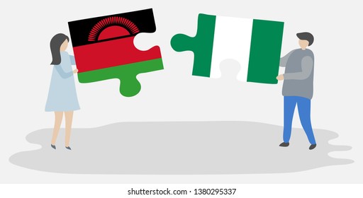 Couple holding two puzzles pieces with Malawian and Nigerian flags. Malawi and Nigeria national symbols together.
