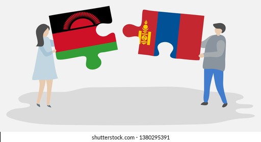 Couple holding two puzzles pieces with Malawian and Mongolian flags. Malawi and Mongolia national symbols together.