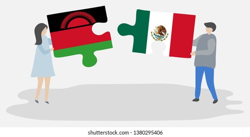 Couple holding two puzzles pieces with Malawian and Mexican flags. Malawi and Mexico national symbols together.