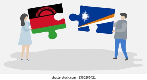 Couple holding two puzzles pieces with Malawian and Marshallese flags. Malawi and Marshall Islands national symbols together.