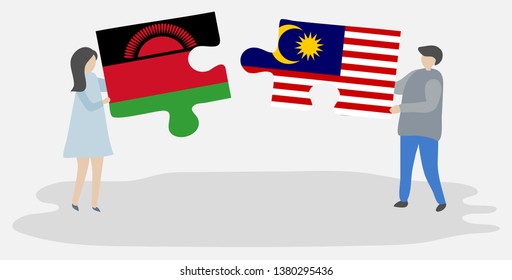 Couple holding two puzzles pieces with Malawian and Malaysian flags. Malawi and Malaysia national symbols together.