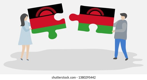 Couple holding two puzzles pieces with Malawian and Malawian flags. Malawi and Malawi national symbols together.