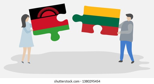 Couple holding two puzzles pieces with Malawian and Lithuanian flags. Malawi and Lithuania national symbols together.