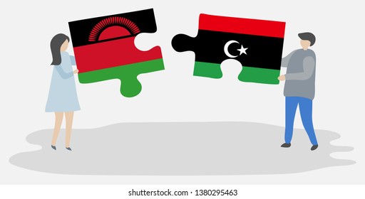 Couple holding two puzzles pieces with Malawian and Libyan flags. Malawi and Libya national symbols together.