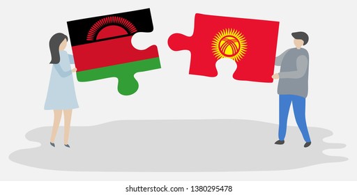 Couple holding two puzzles pieces with Malawian and Kirgiz flags. Malawi and Kyrgyzstan national symbols together.