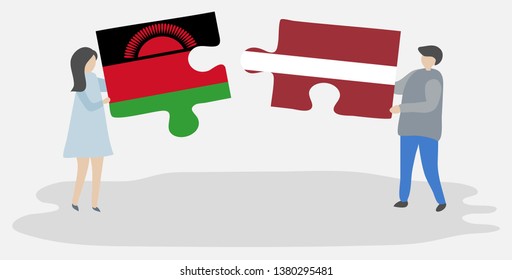 Couple holding two puzzles pieces with Malawian and Latvian flags. Malawi and Latvia national symbols together.