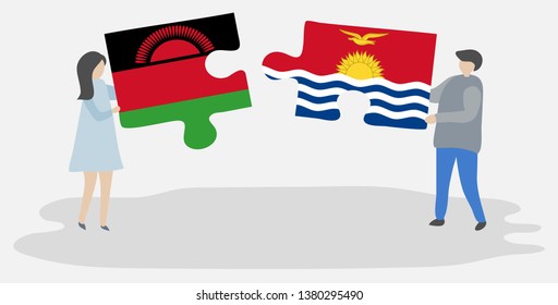 Couple holding two puzzles pieces with Malawian and I-Kiribati flags. Malawi and Kiribati national symbols together.