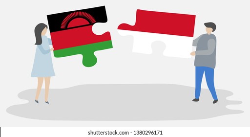 Couple holding two puzzles pieces with Malawian and Indonesian flags. Malawi and Indonesia national symbols together.