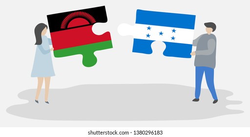 Couple holding two puzzles pieces with Malawian and Honduran flags. Malawi and Honduras national symbols together.