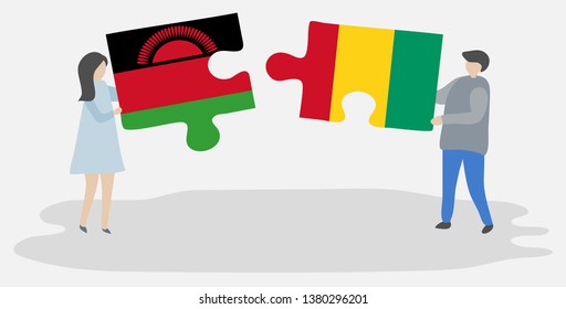 Couple holding two puzzles pieces with Malawian and Guinean flags. Malawi and Guinea national symbols together.
