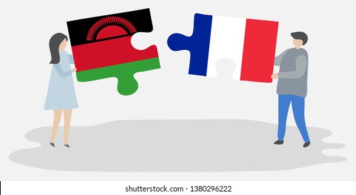 Couple holding two puzzles pieces with Malawian and French flags. Malawi and France national symbols together.