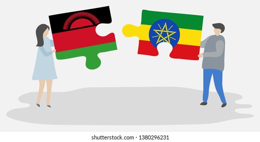 Couple holding two puzzles pieces with Malawian and Ethiopian flags. Malawi and Ethiopia national symbols together.