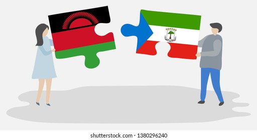 Couple holding two puzzles pieces with Malawian and Equatorial Guinean flags. Malawi and Equatorial Guinea national symbols together.
