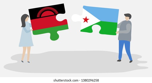 Couple holding two puzzles pieces with Malawian and Djiboutian flags. Malawi and Djibouti national symbols together.