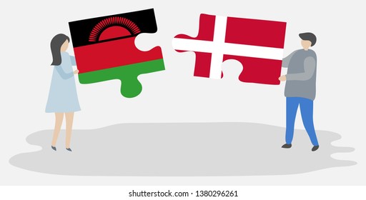 Couple holding two puzzles pieces with Malawian and Danish flags. Malawi and Denmark national symbols together.