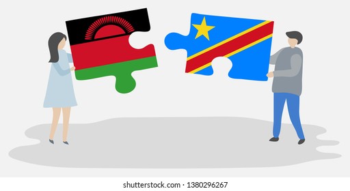 Couple holding two puzzles pieces with Malawian and Congolese flags. Malawi and Democratic Republic of the Congo national symbols together.