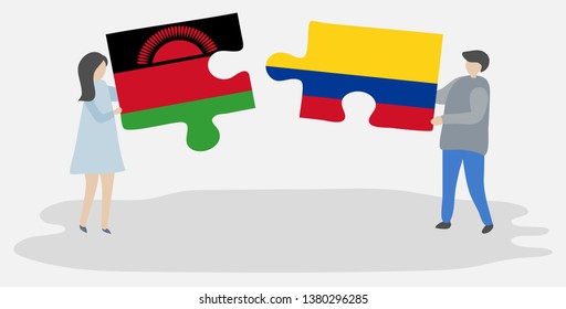 Couple holding two puzzles pieces with Malawian and Colombian flags. Malawi and Colombia national symbols together.
