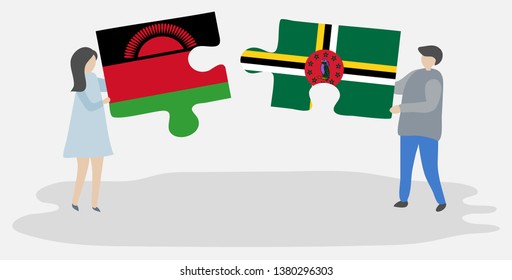 Couple holding two puzzles pieces with Malawian and Dominican flags. Malawi and Dominica national symbols together.