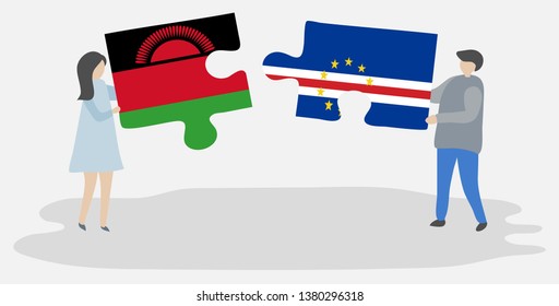 Couple holding two puzzles pieces with Malawian and Cabo Verdean flags. Malawi and Cape Verde national symbols together.