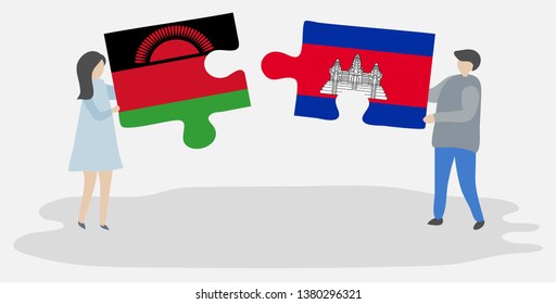 Couple holding two puzzles pieces with Malawian and Cambodian flags. Malawi and Cambodia national symbols together.