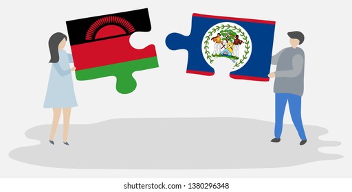 Couple holding two puzzles pieces with Malawian and Belizean flags. Malawi and Belize national symbols together.