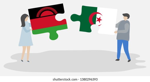 Couple holding two puzzles pieces with Malawian and Algerian flags. Malawi and Algeria national symbols together.