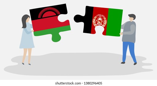 Couple holding two puzzles pieces with Malawian and Afghan flags. Malawi and Afghanistan national symbols together.