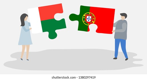 Couple holding two puzzles pieces with Malagasy and Portuguese flags. Madagascar and Portugal national symbols together.